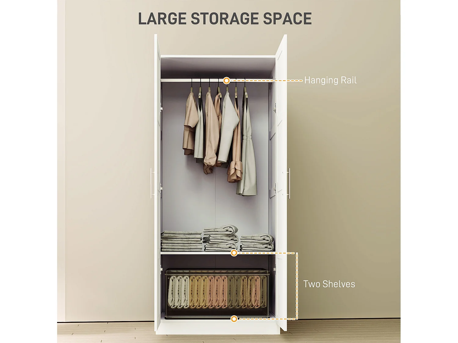 Coravello White 2 Door Wardrobe with Hanging Rail and Shelves