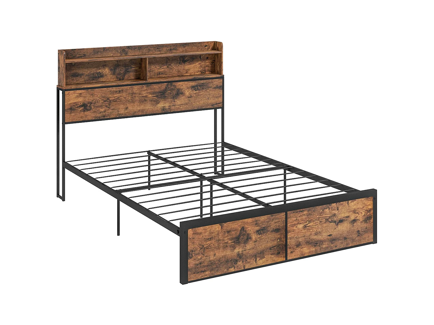 Sata 4FT8 Industrial Double Bed Frame Rustic Brown Wood Effect Panels Black Steel Built in Shelves