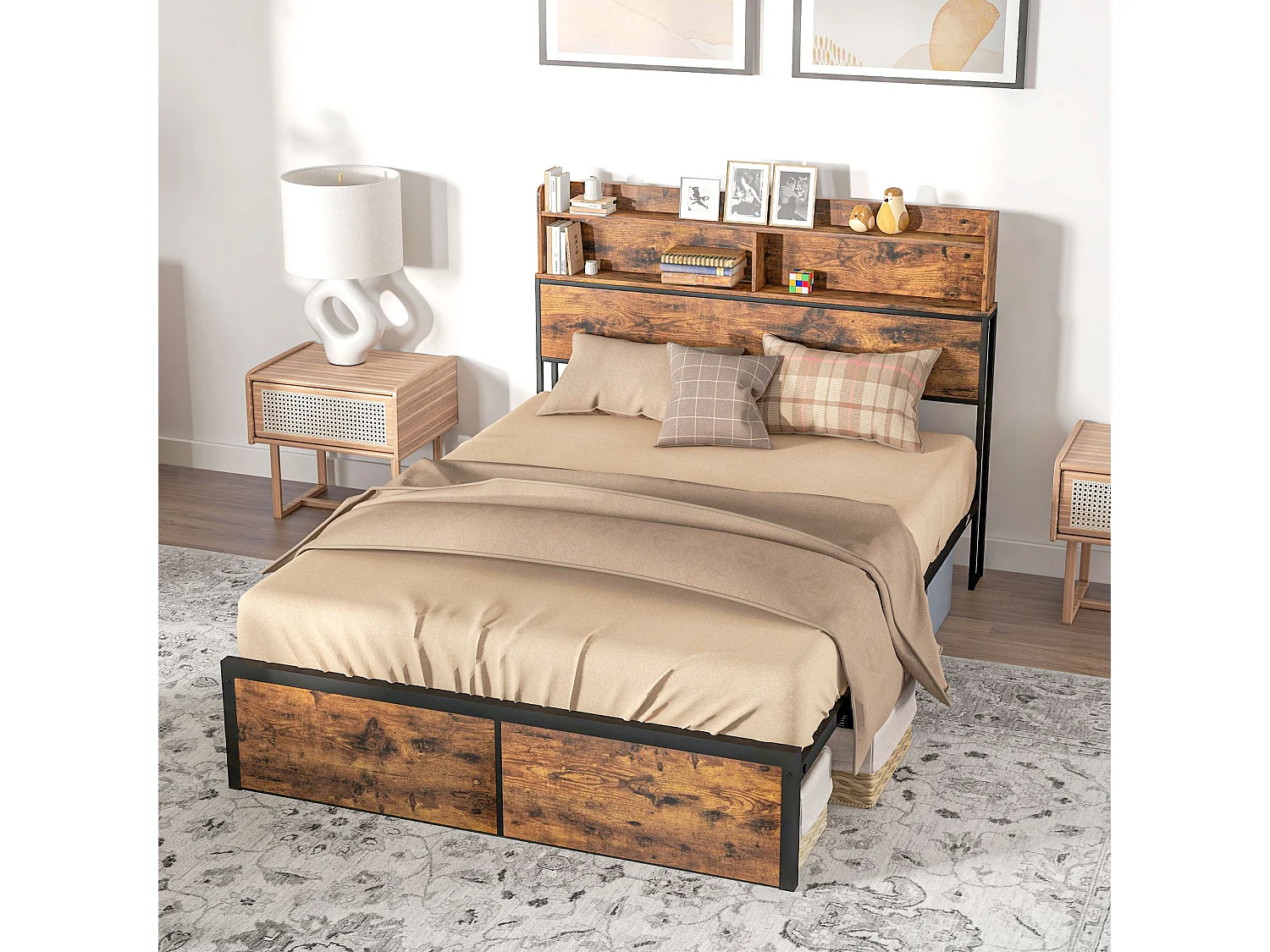Sata 4FT8 Industrial Double Bed Frame Rustic Brown Wood Effect Panels Black Steel Built in Shelves