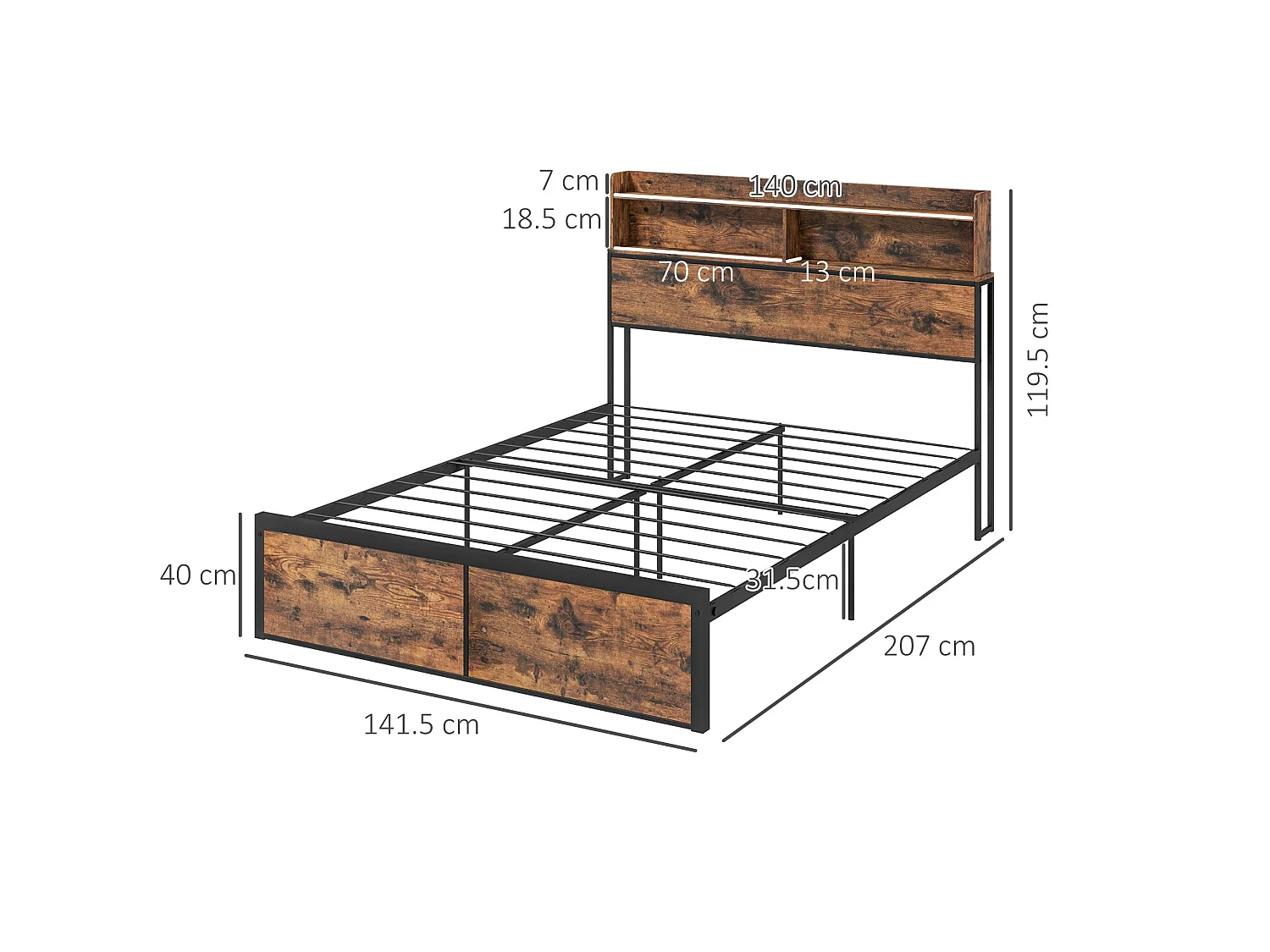 Sata 4FT8 Industrial Double Bed Frame Rustic Brown Wood Effect Panels Black Steel Built in Shelves