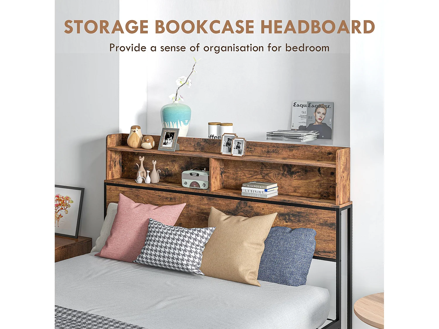 Sata 4FT8 Industrial Double Bed Frame Rustic Brown Wood Effect Panels Black Steel Built in Shelves