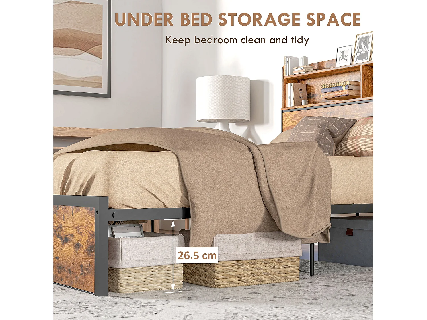 Sata 4FT8 Industrial Double Bed Frame Rustic Brown Wood Effect Panels Black Steel Built in Shelves