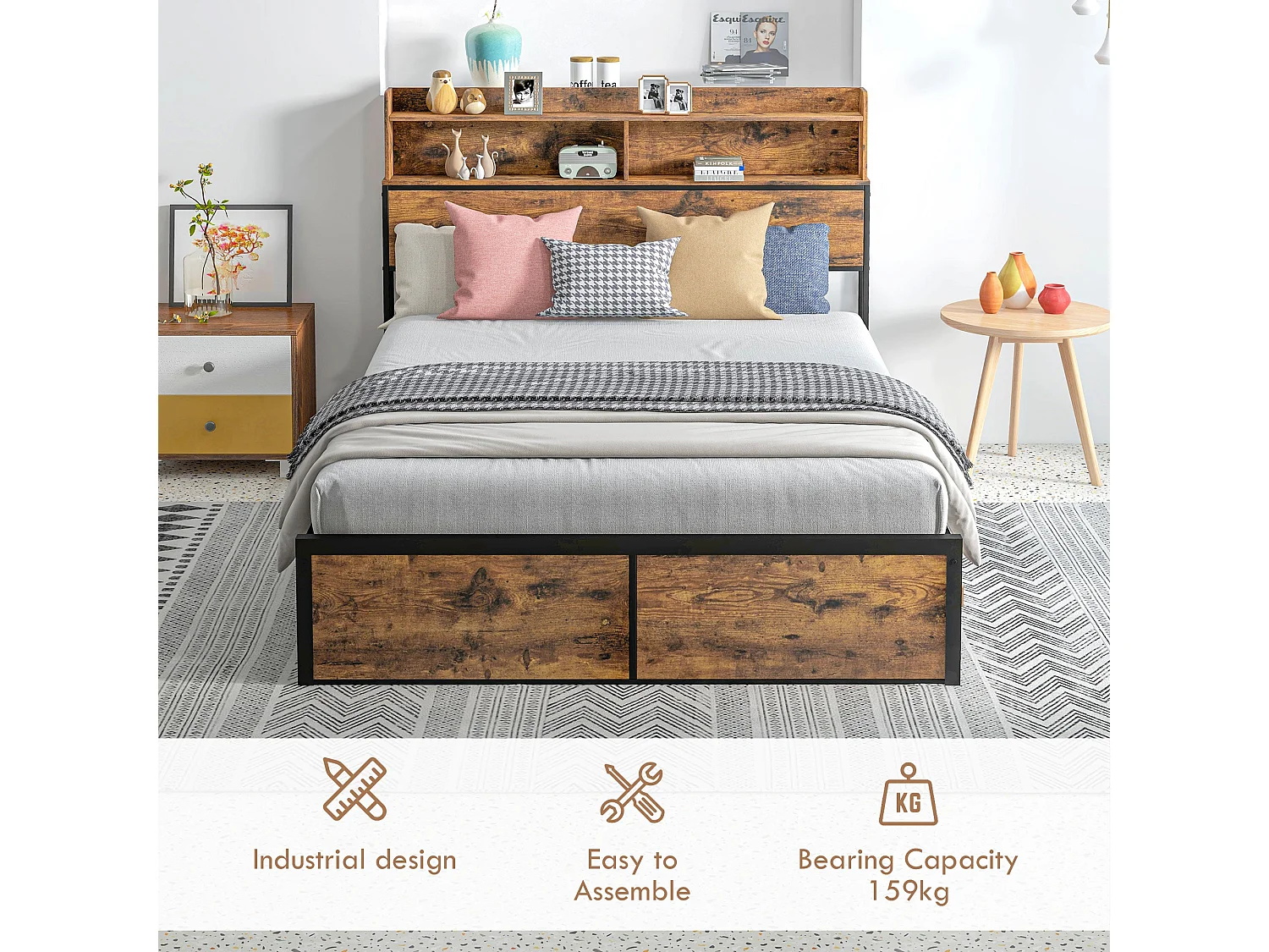 Sata 4FT8 Industrial Double Bed Frame Rustic Brown Wood Effect Panels Black Steel Built in Shelves