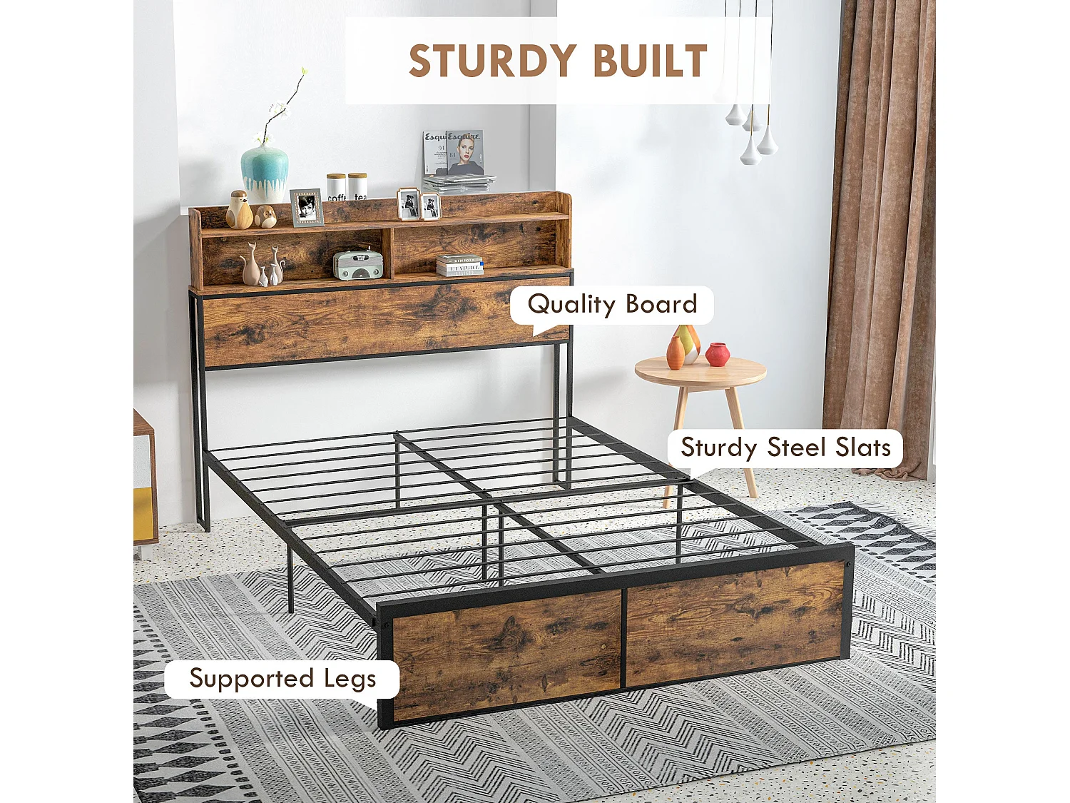 Sata 4FT8 Industrial Double Bed Frame Rustic Brown Wood Effect Panels Black Steel Built in Shelves