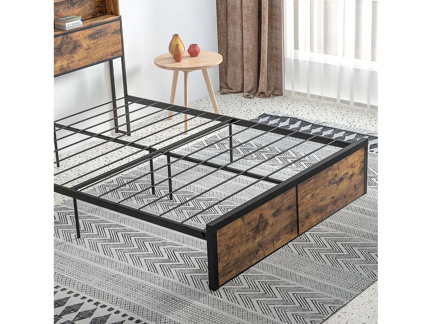 Sata 4FT8 Industrial Double Bed Frame Rustic Brown Wood Effect Panels Black Steel Built in Shelves