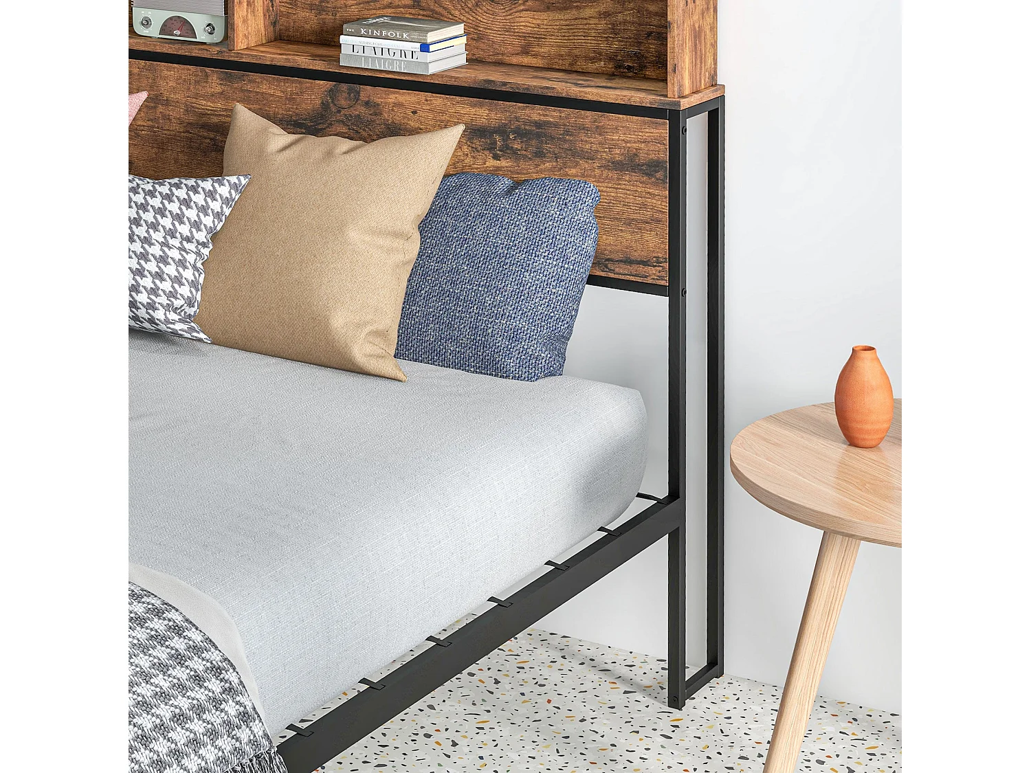 Sata 4FT8 Industrial Double Bed Frame Rustic Brown Wood Effect Panels Black Steel Built in Shelves