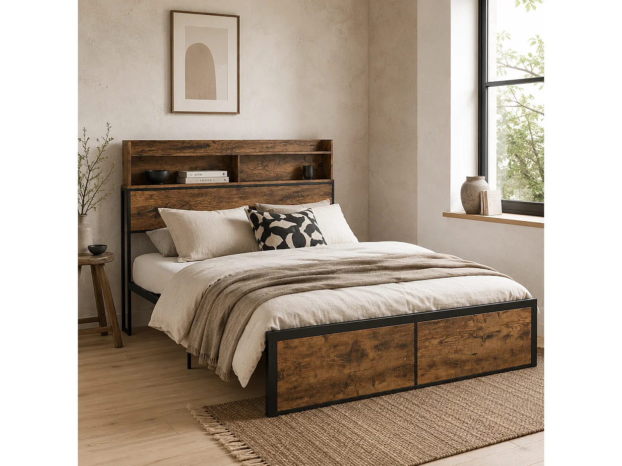 Sata 4FT8 Industrial Double Bed Frame Rustic Brown Wood Effect Panels Black Steel Built in Shelves