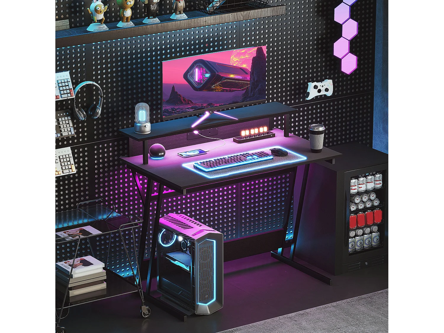 Tovapa 100cm Black 2 Level LED Gaming Desk RGB Lights USB C Monitor Shelf