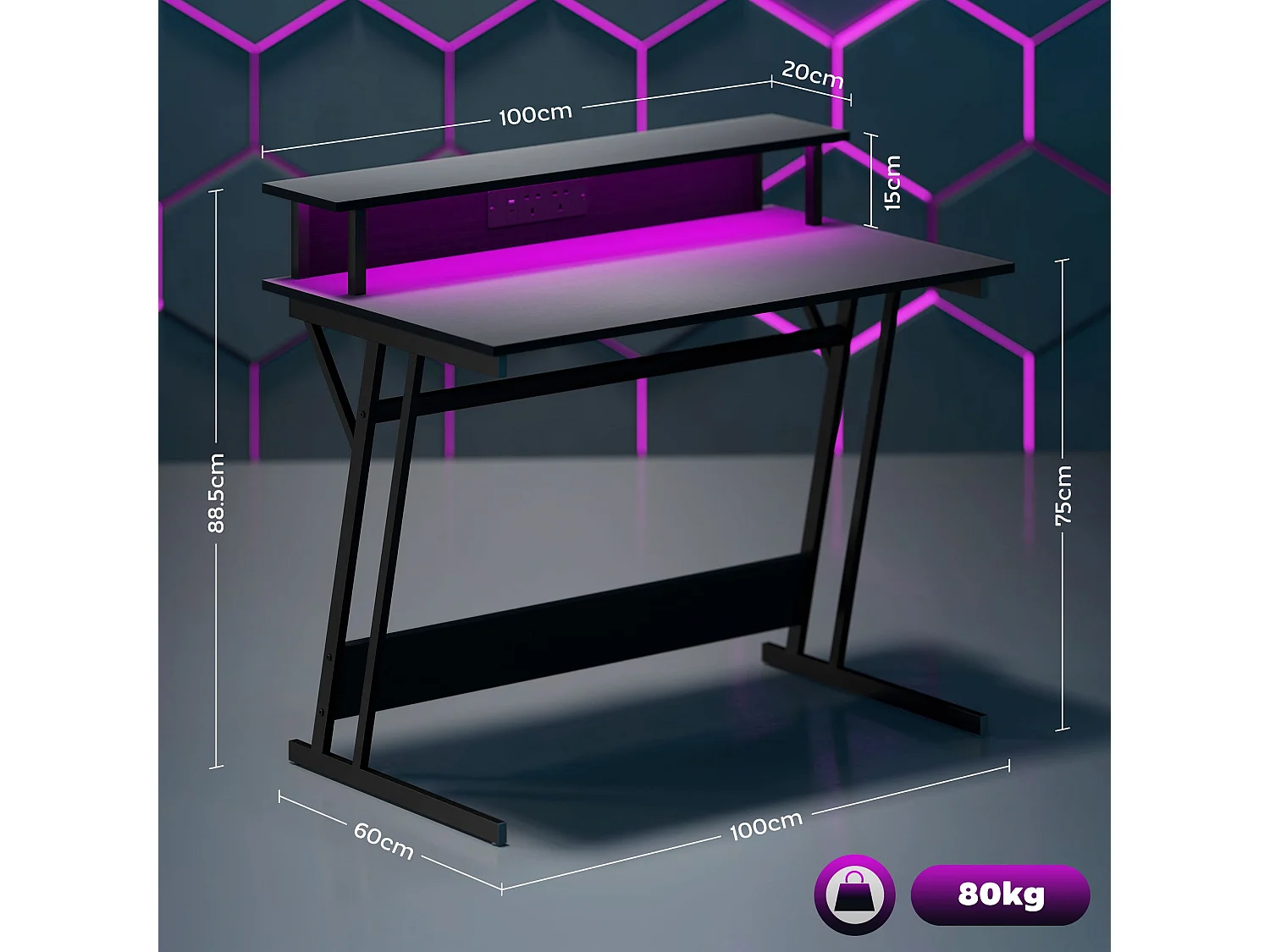 Tovapa 100cm Black 2 Level LED Gaming Desk RGB Lights USB C Monitor Shelf