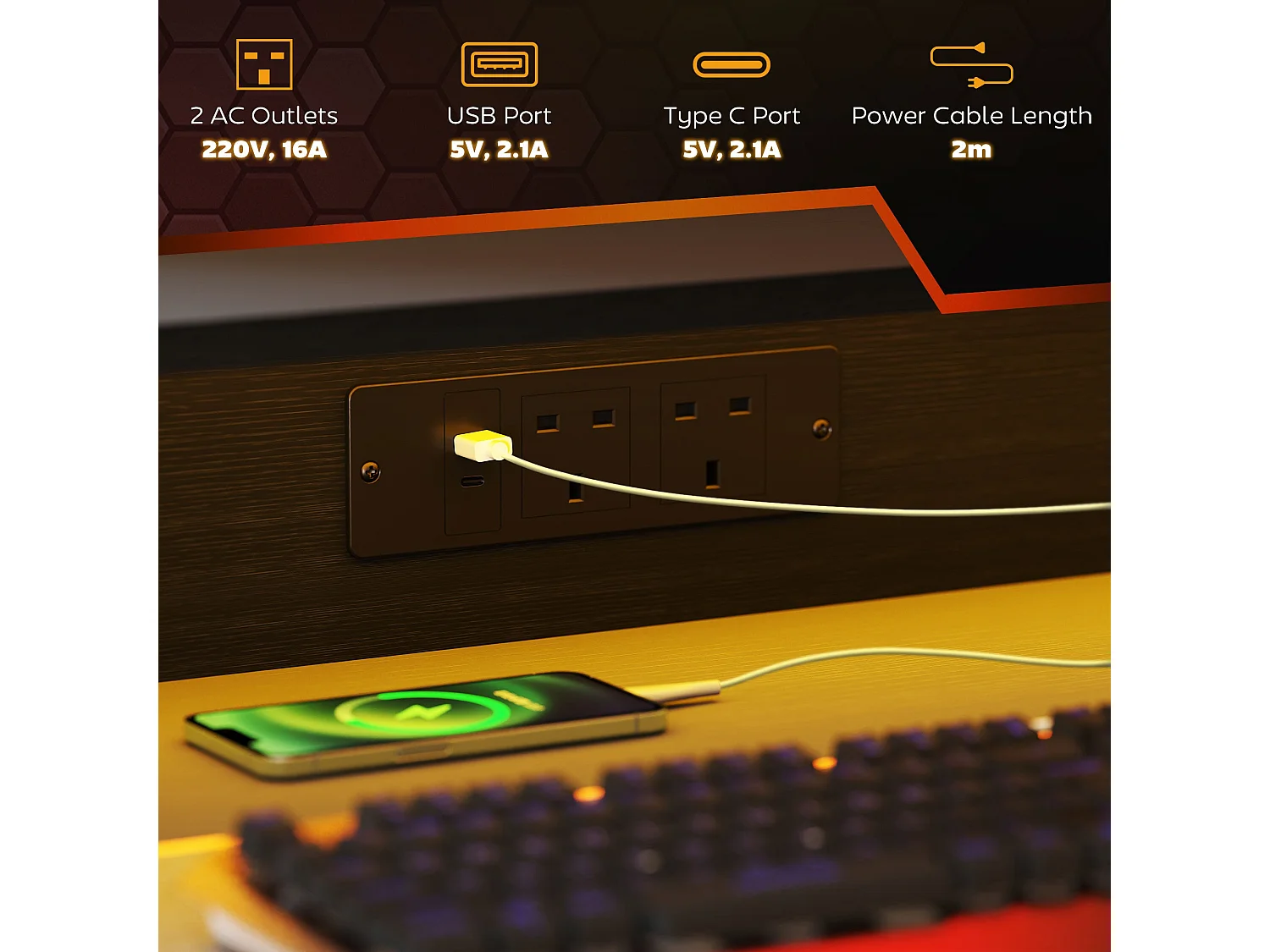 Tovapa 100cm Black 2 Level LED Gaming Desk RGB Lights USB C Monitor Shelf