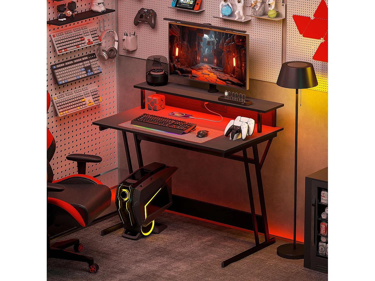 Tovapa 100cm Black 2 Level LED Gaming Desk RGB Lights USB C Monitor Shelf