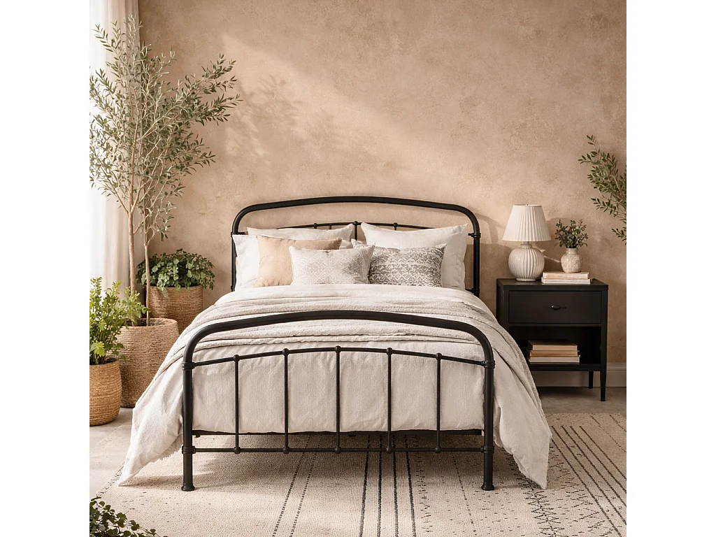 France Industrial Black Metal 4ft6 Double Bed with Headboard and Footboard