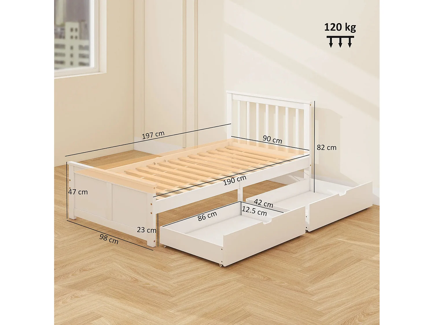 Sutton White Single Bed Frame with 2 Underbed Drawers Pine and MDF 90x190cm