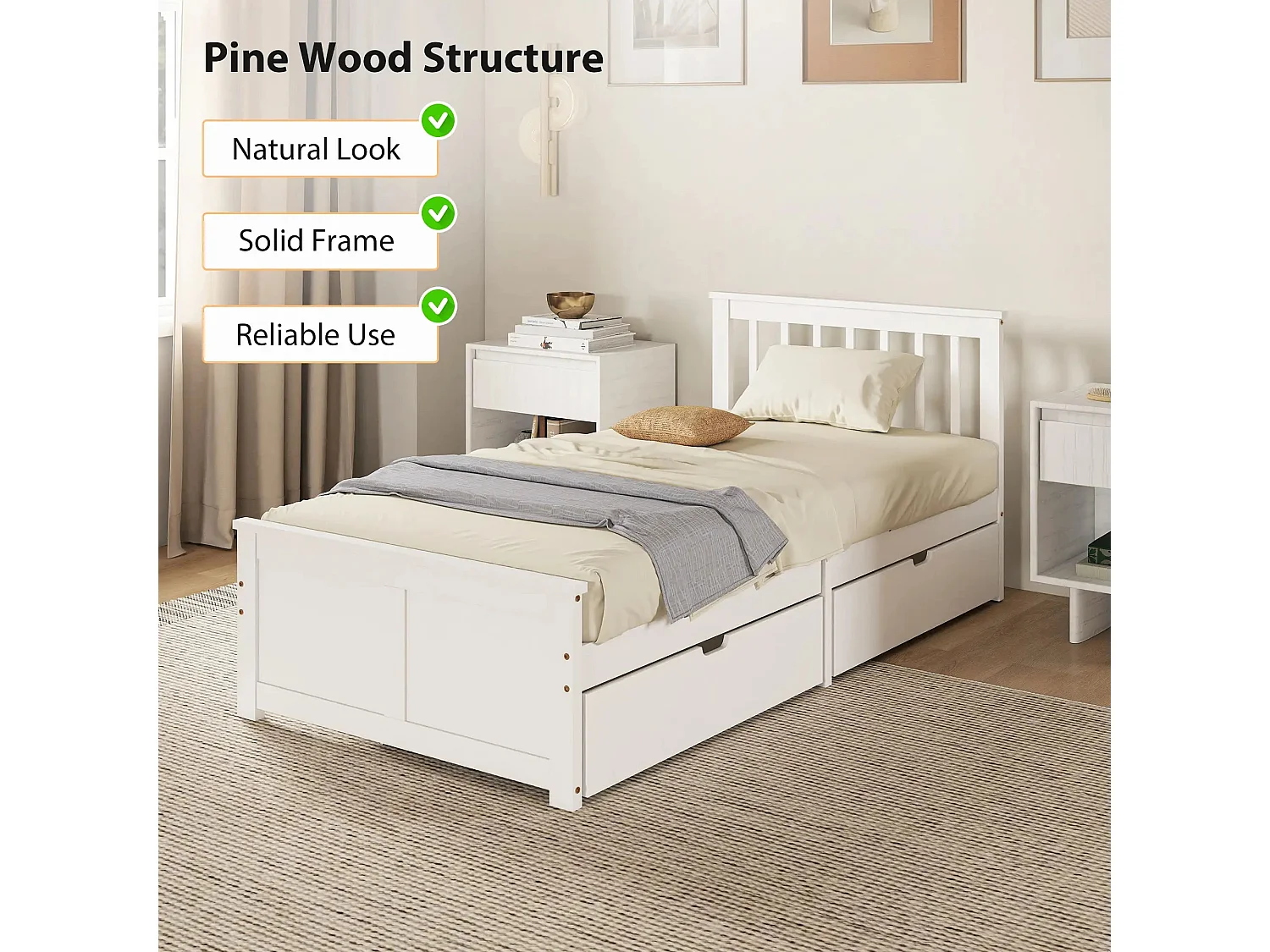 Sutton White Single Bed Frame with 2 Underbed Drawers Pine and MDF 90x190cm