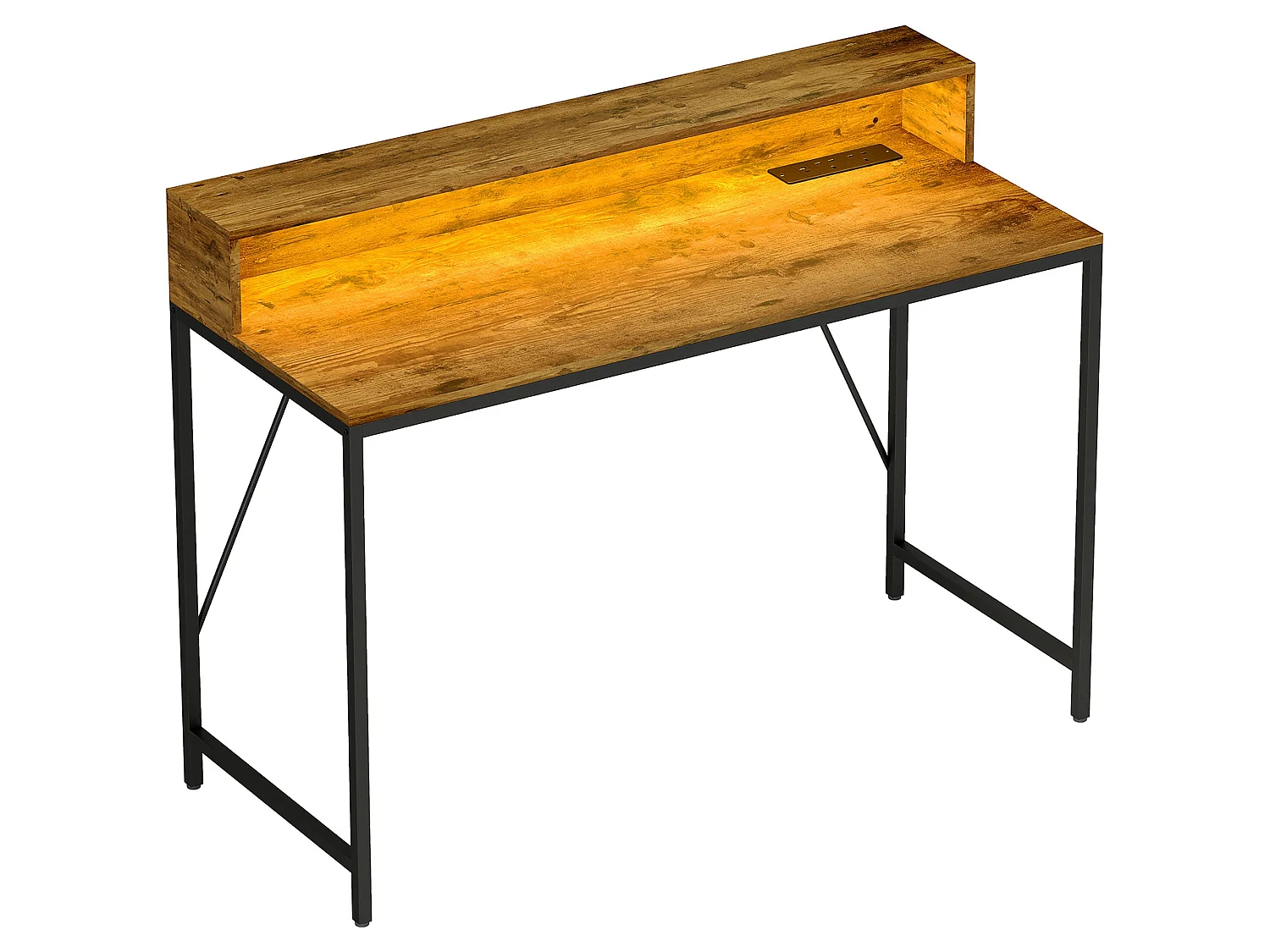 Hanive 120cm Rustic Brown Gaming Desk with LED Lights Power Outlets and Monitor Stand