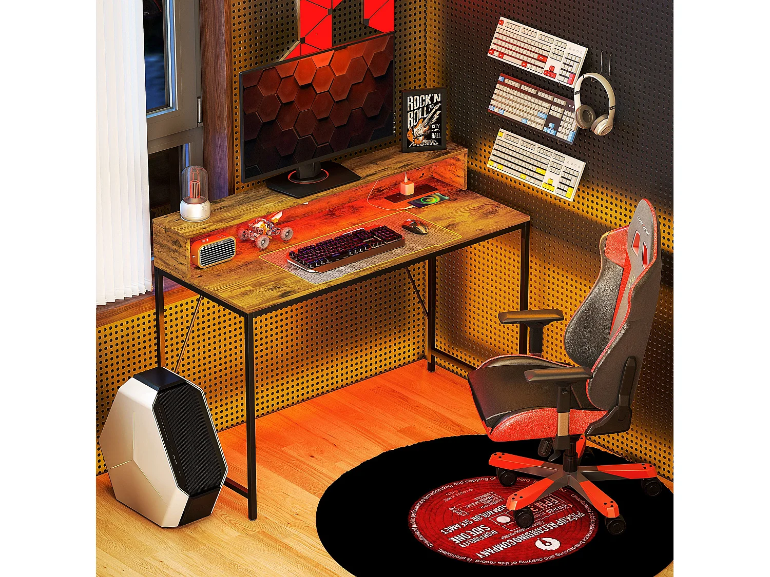 Hanive 120cm Rustic Brown Gaming Desk with LED Lights Power Outlets and Monitor Stand