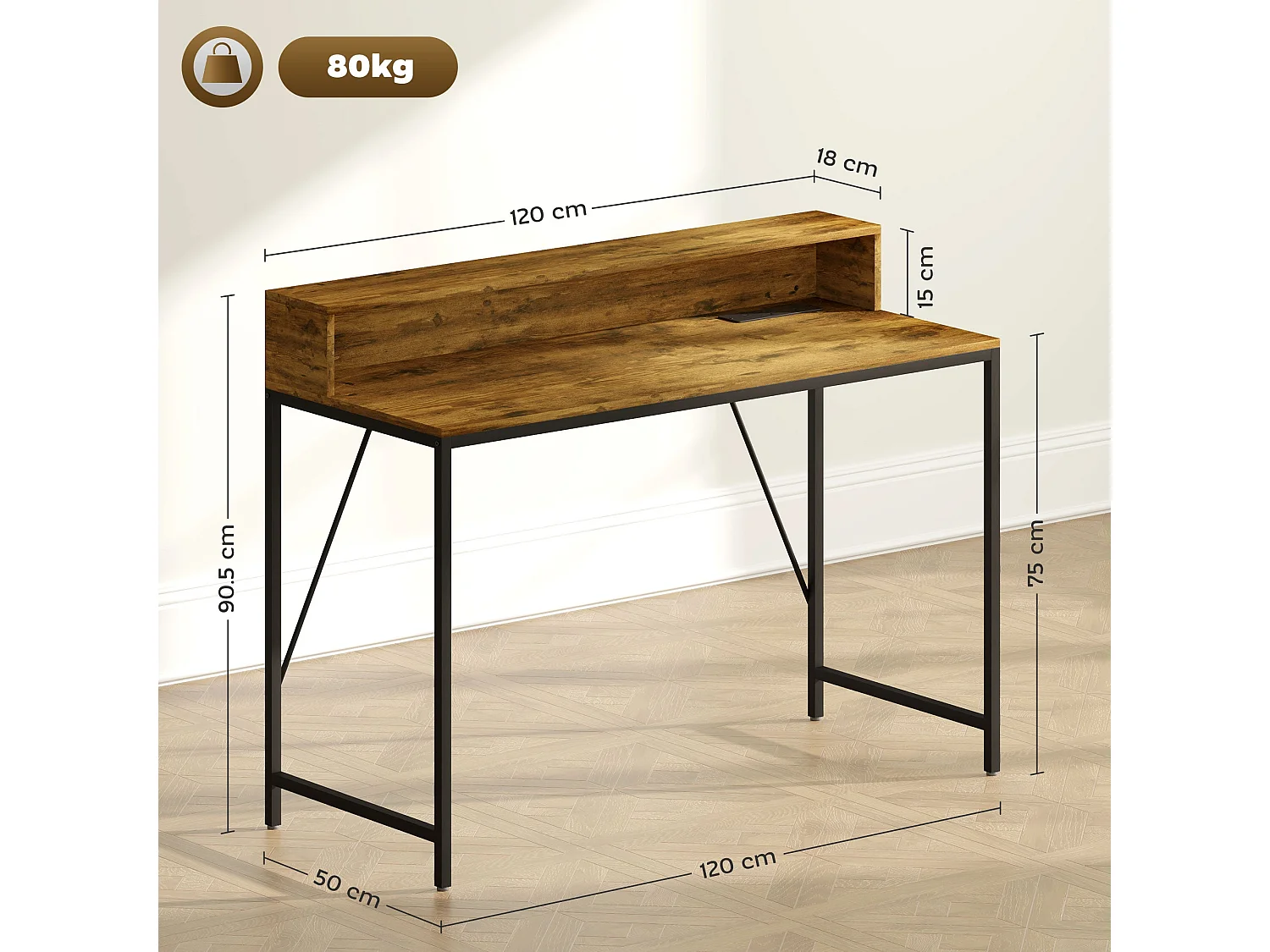 Hanive 120cm Rustic Brown Gaming Desk with LED Lights Power Outlets and Monitor Stand