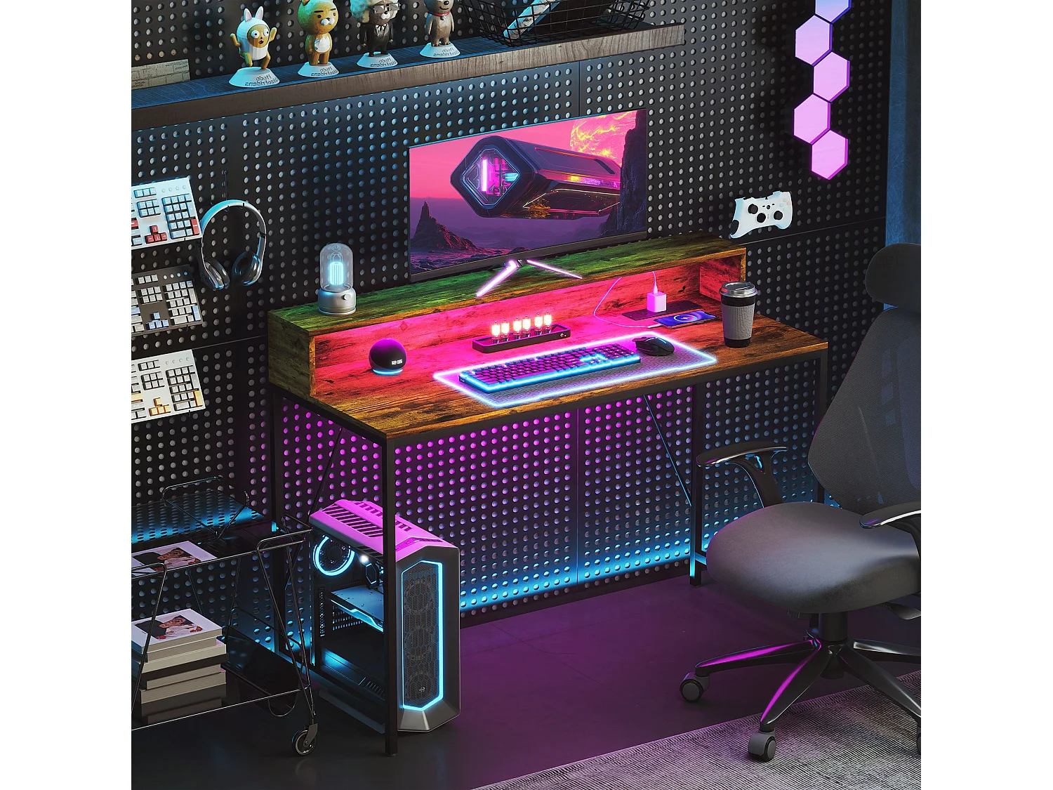 Hanive 120cm Rustic Brown Gaming Desk with LED Lights Power Outlets and Monitor Stand