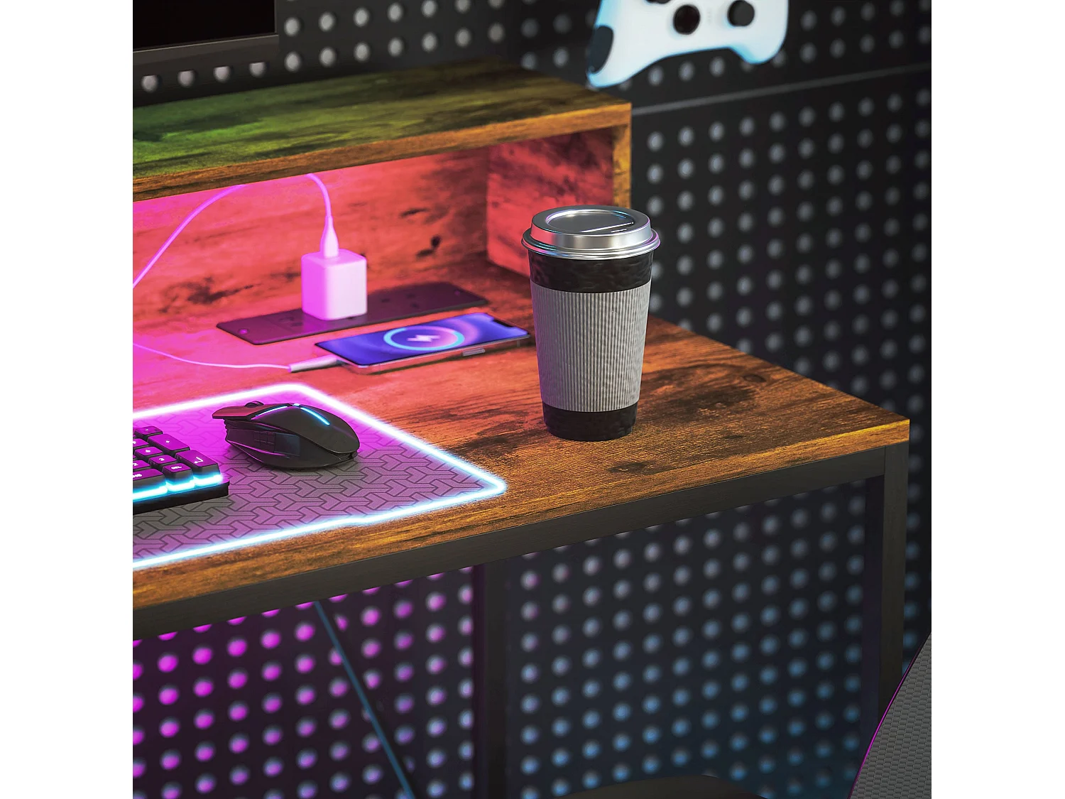 Hanive 120cm Rustic Brown Gaming Desk with LED Lights Power Outlets and Monitor Stand