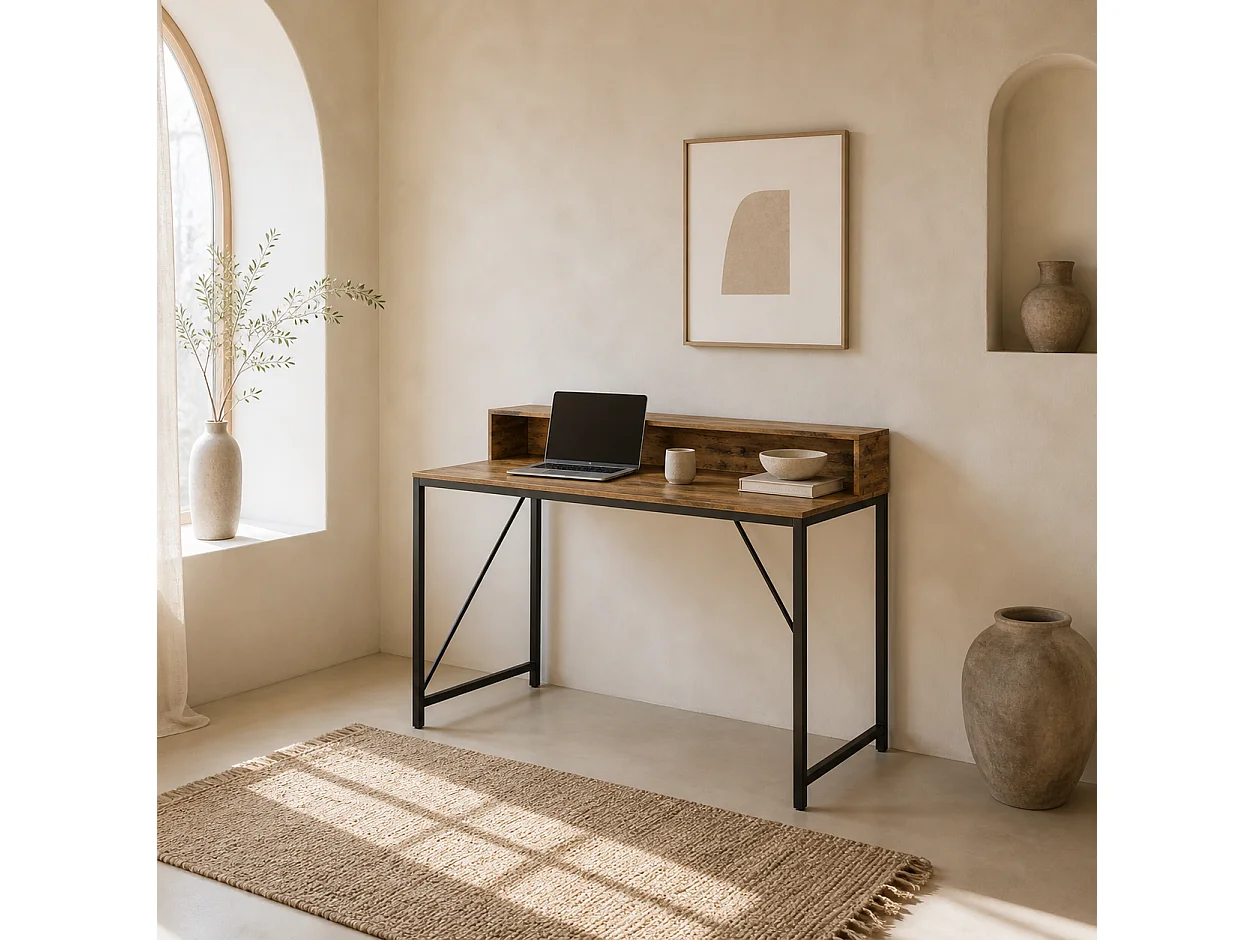 Hanive 120cm Rustic Brown Gaming Desk with LED Lights Power Outlets and Monitor Stand