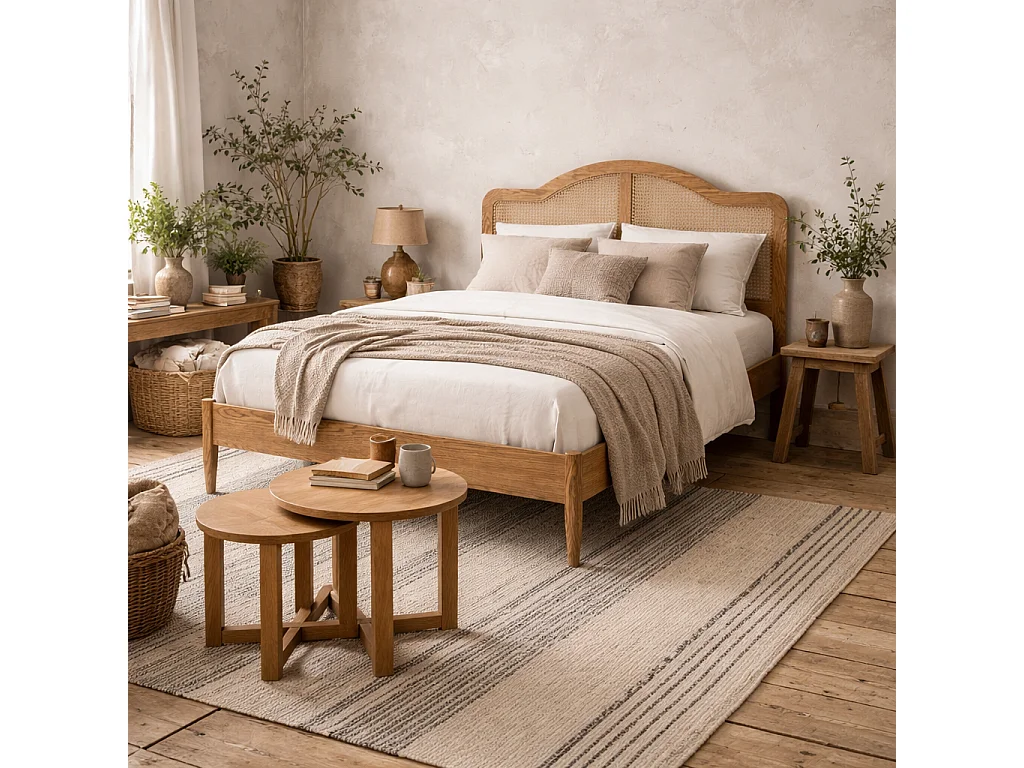 Nenagh Natural 4ft6 Double Bed Wood and Rattan Curved Headboard