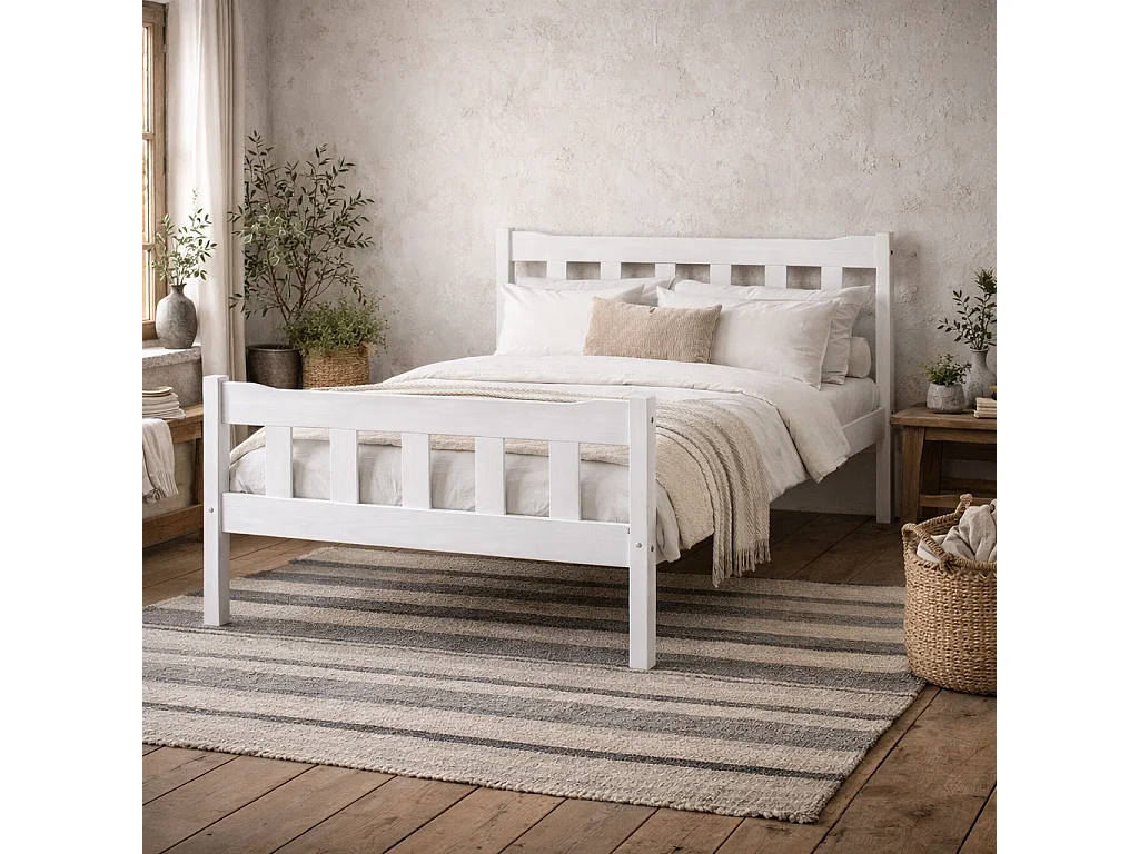 Tralee White Washed Pine 4ft6 Double Bed Slatted Headboard and Footboard