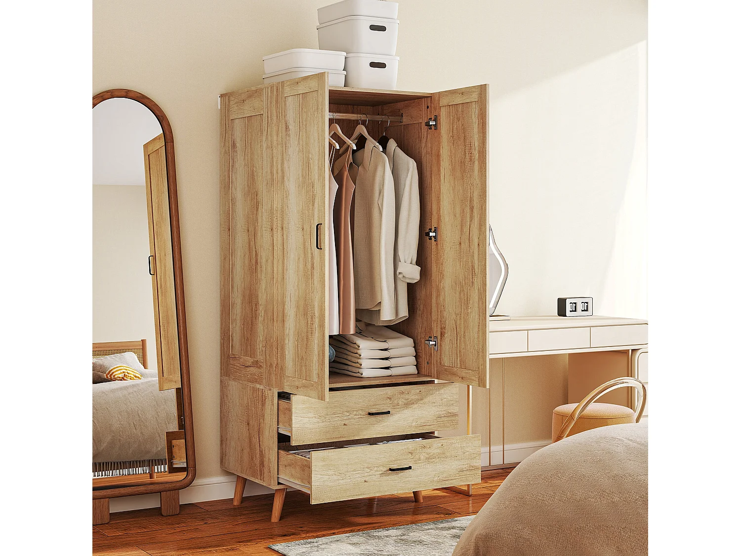 Corasoro 2 Door Wardrobe 2 Drawers Natural Wood Effect Finish