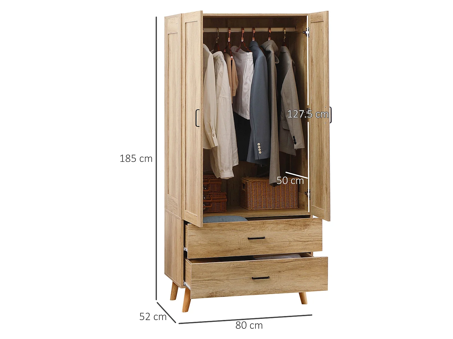 Corasoro 2 Door Wardrobe 2 Drawers Natural Wood Effect Finish