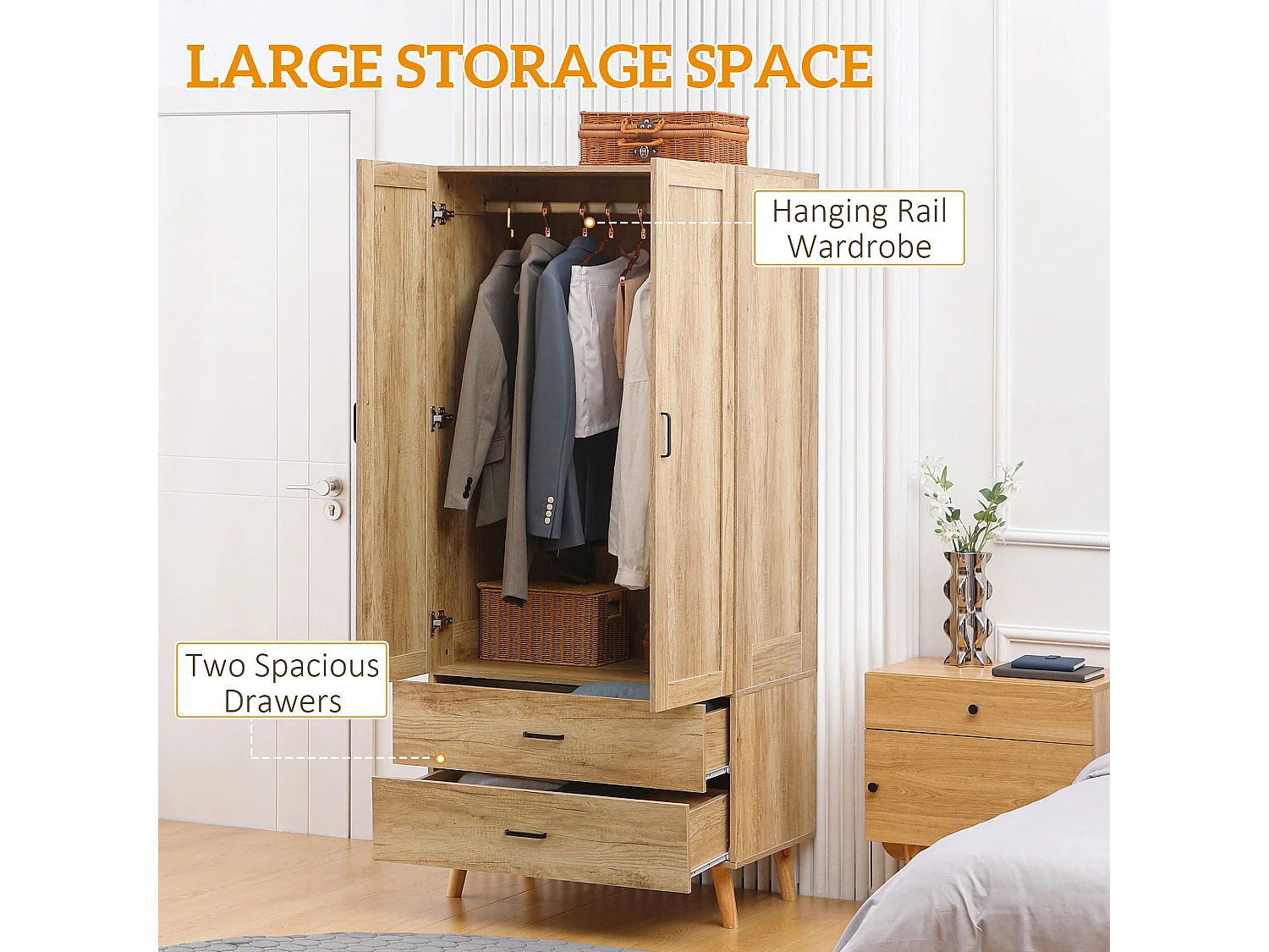 Corasoro 2 Door Wardrobe 2 Drawers Natural Wood Effect Finish