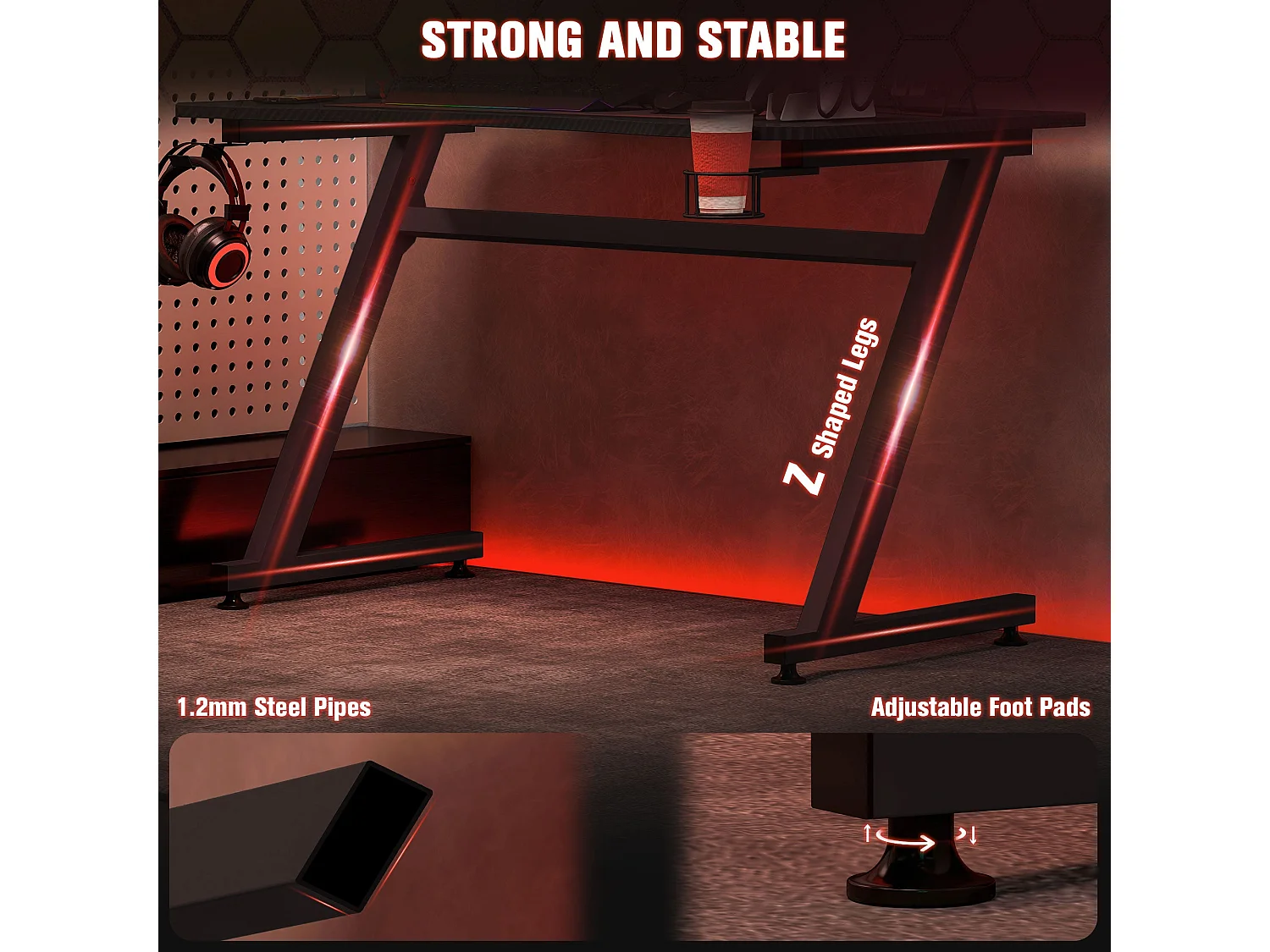 Hanaba 120cm Black Gaming Desk Laminated Top Steel Z Frame Cup Holder Headphone Hook Cable Management