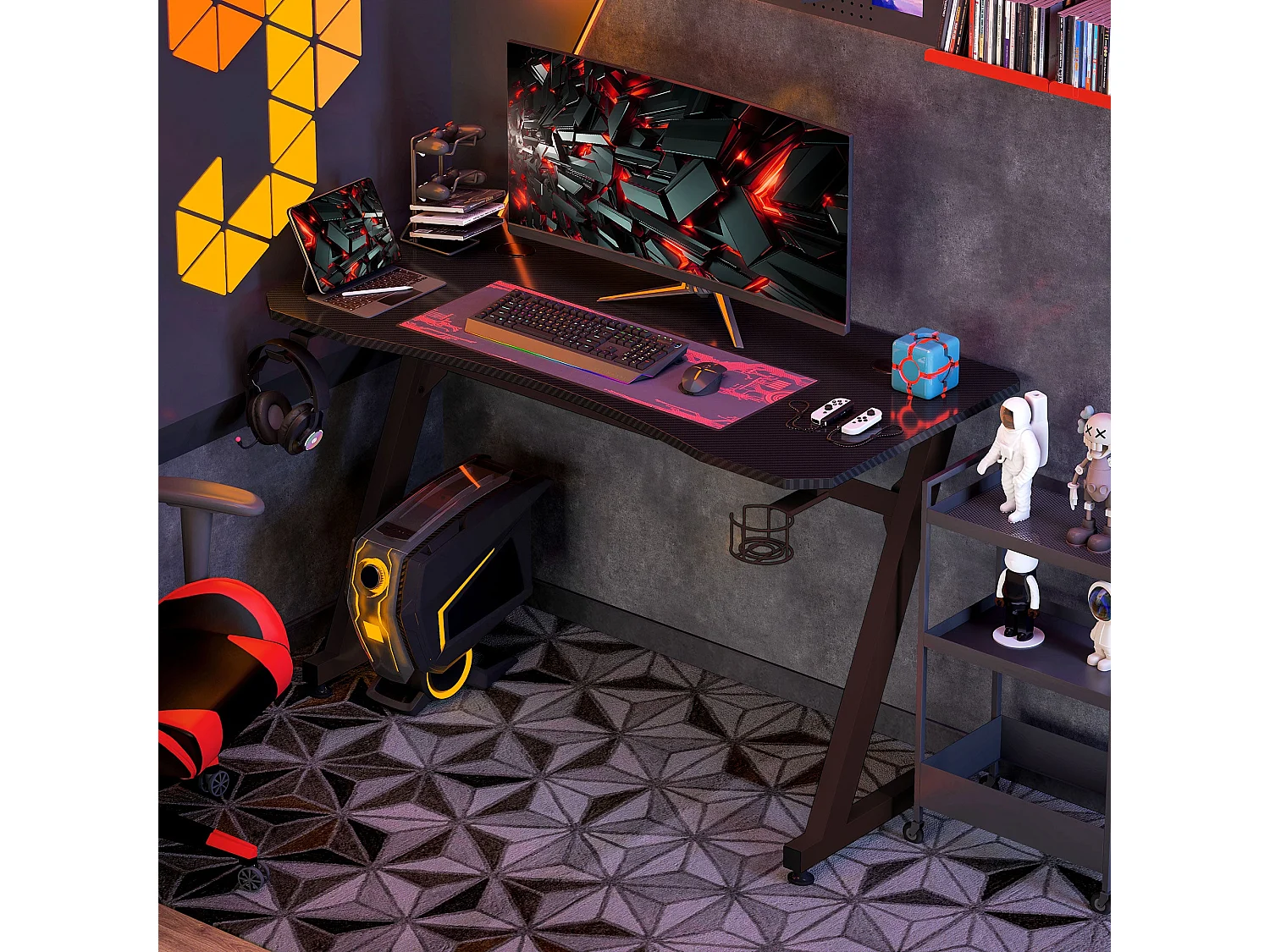 Hanaba 120cm Black Gaming Desk Laminated Top Steel Z Frame Cup Holder Headphone Hook Cable Management