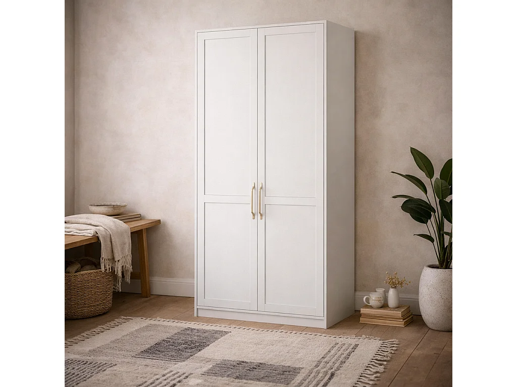 Kahs White Wooden 2 Door Wardrobe with Brushed Brass Handles