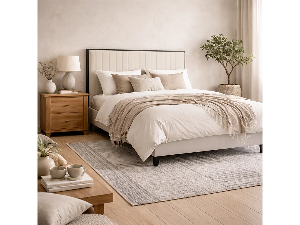 Killarney 4ft6 Cream Velvet Double Bed with Tall Fluted Headboard and Matt Black Frame