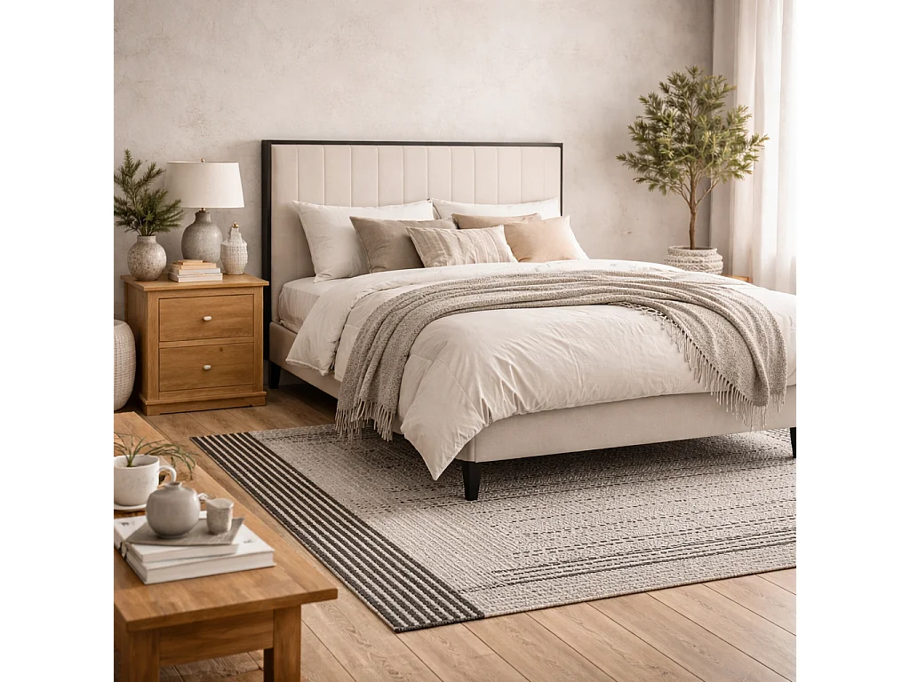 Killarney 4ft6 Cream Velvet Double Bed with Tall Fluted Headboard and Matt Black Frame