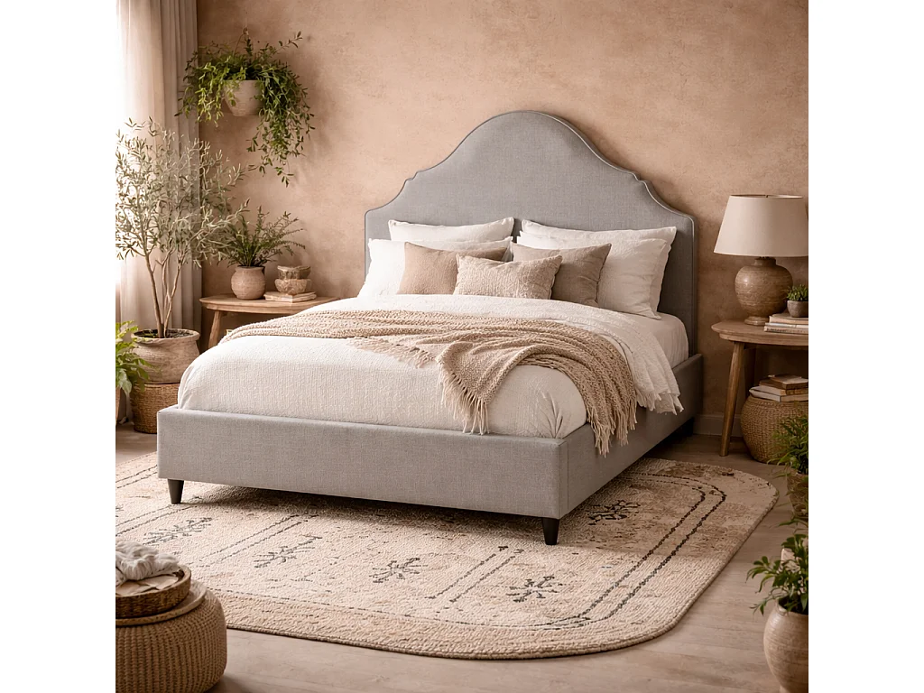 Princeton Light Grey Linen Blend Upholstered 5ft King Size Bed Shaped Retro Headboard