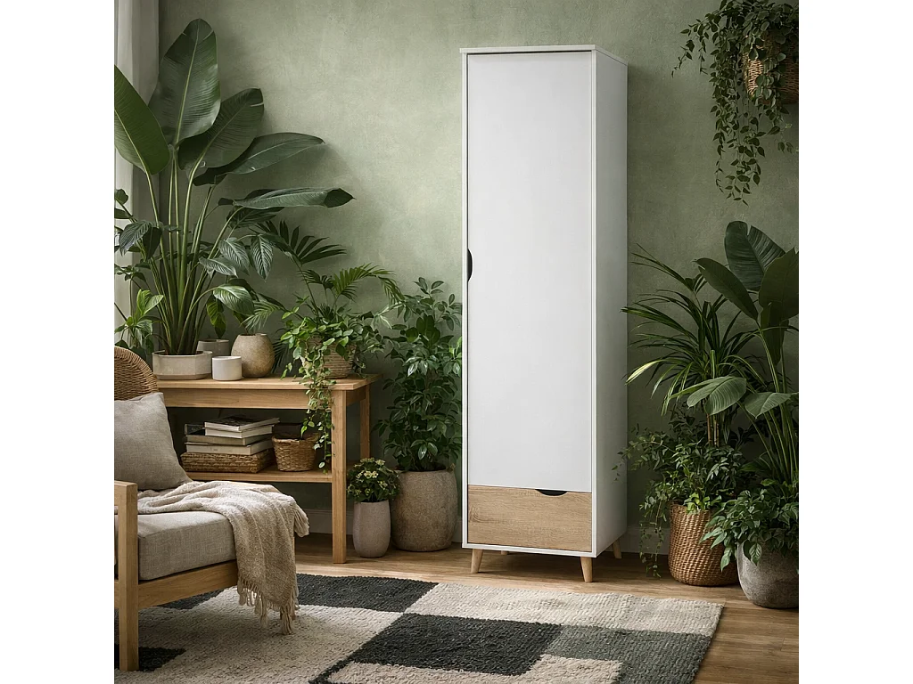 Skerries Single Door Wardrobe Matt White Carcass Natural Oak Drawer Front 50x190x58cm