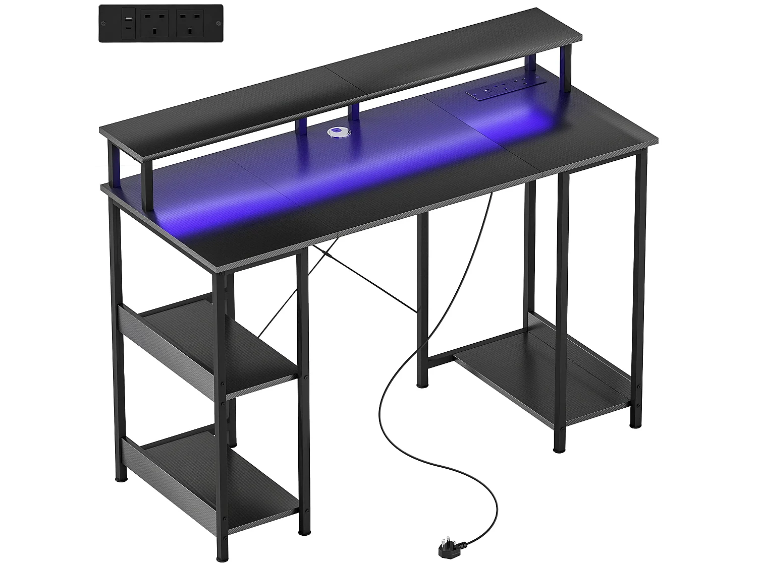 Sona 120cm Carbon Fibre Grey Gaming Desk with LED Lighting Power Outlets and Storage Shelves