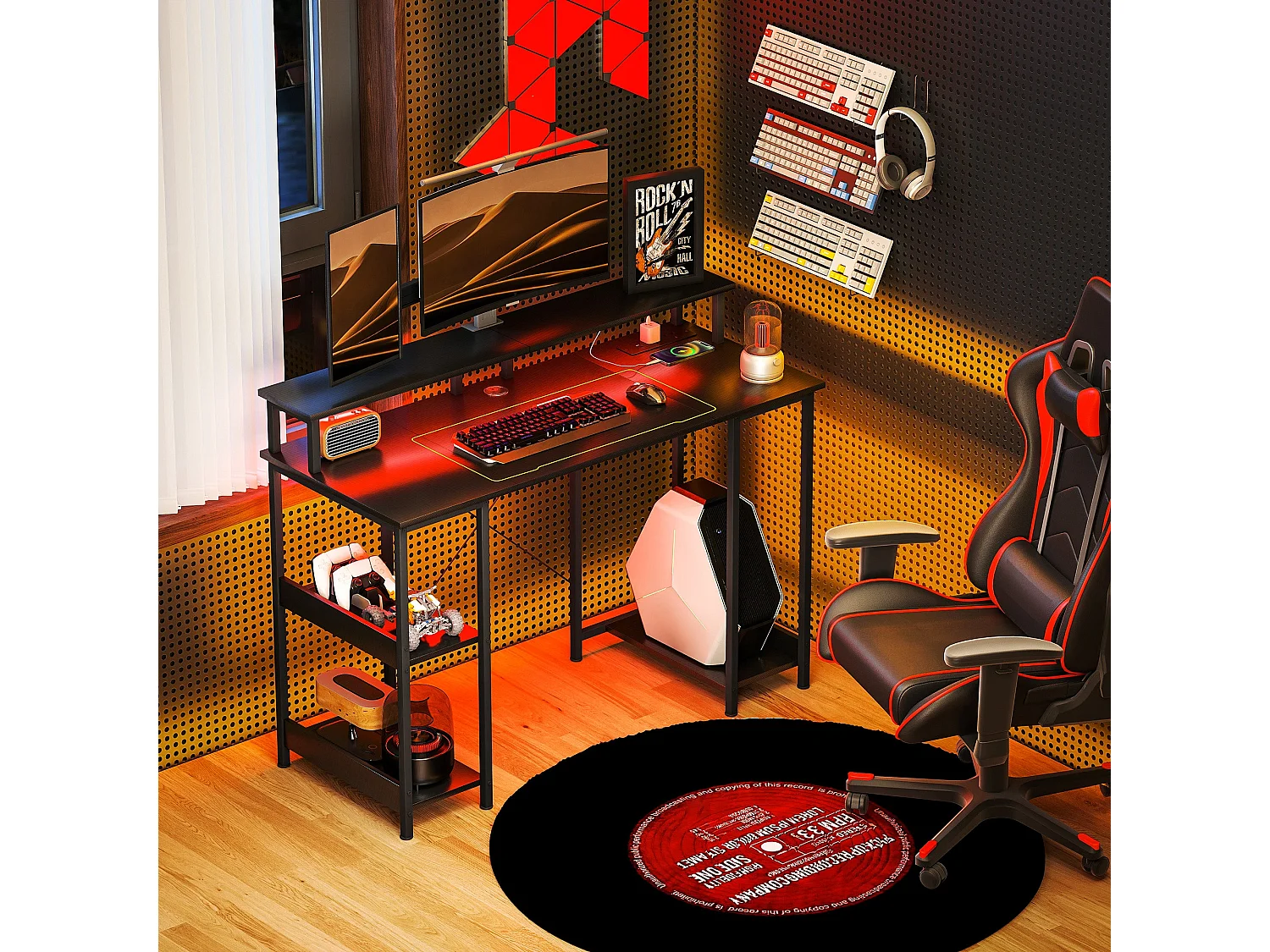 Sona 120cm Carbon Fibre Grey Gaming Desk with LED Lighting Power Outlets and Storage Shelves