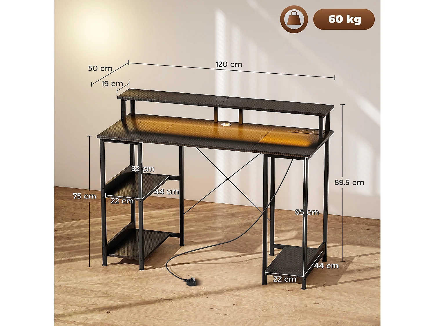 Sona 120cm Carbon Fibre Grey Gaming Desk with LED Lighting Power Outlets and Storage Shelves