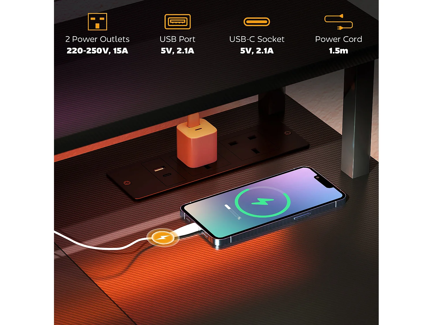 Sona 120cm Carbon Fibre Grey Gaming Desk with LED Lighting Power Outlets and Storage Shelves