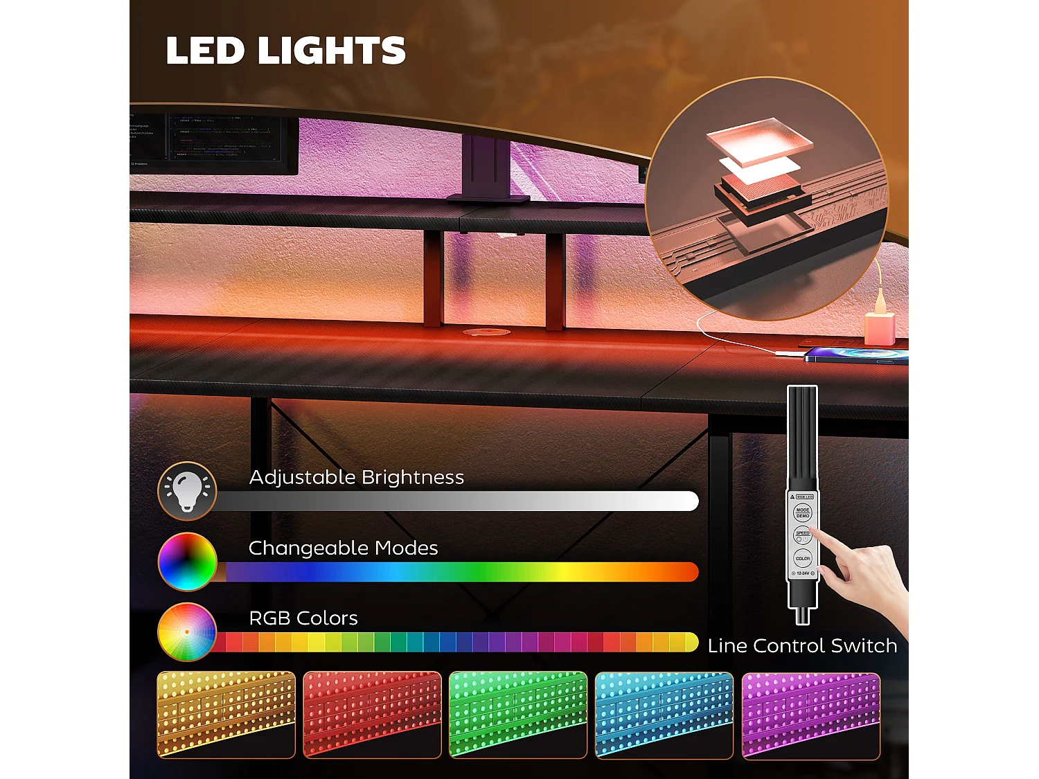 Sona 120cm Carbon Fibre Grey Gaming Desk with LED Lighting Power Outlets and Storage Shelves