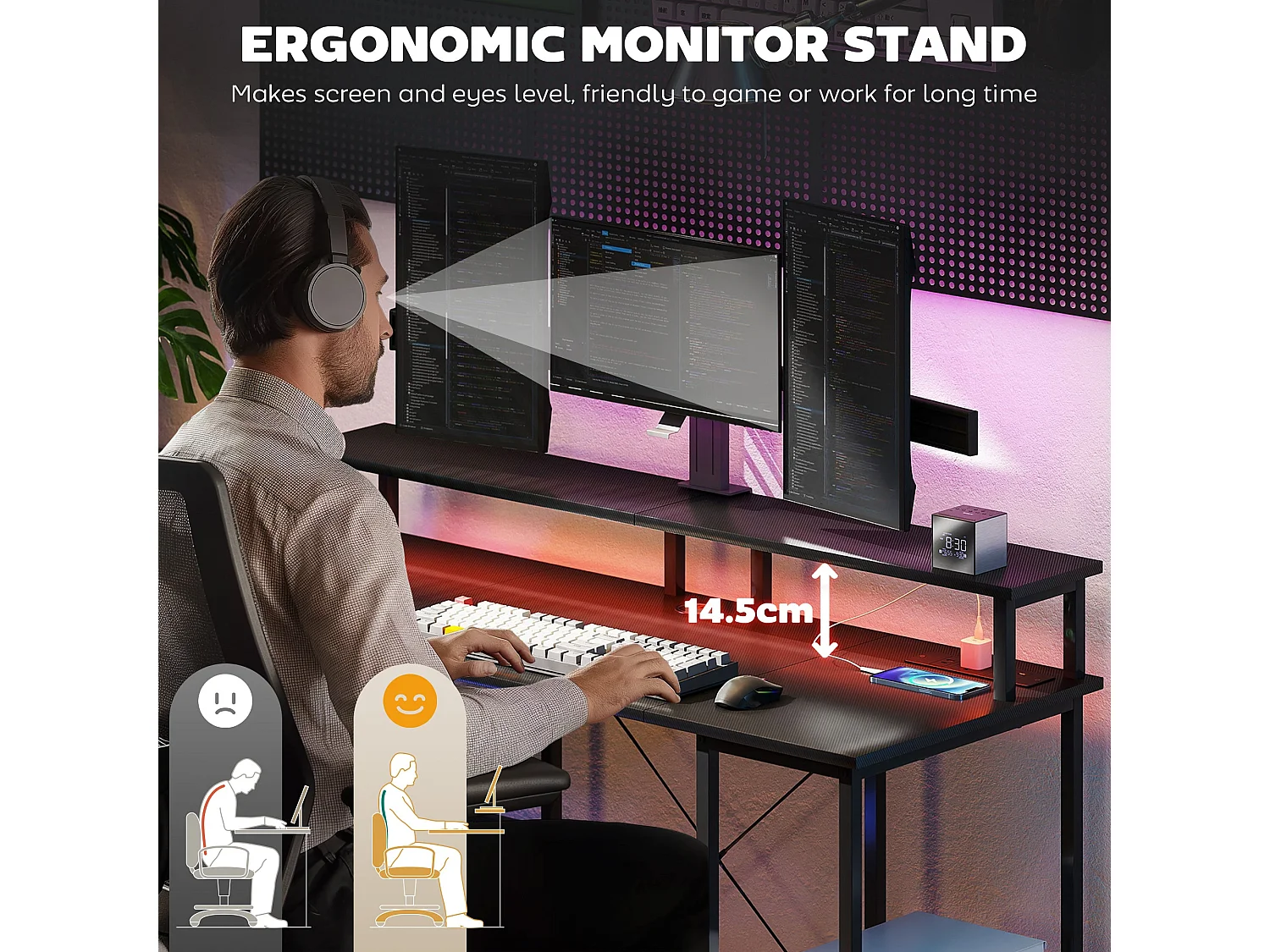 Sona 120cm Carbon Fibre Grey Gaming Desk with LED Lighting Power Outlets and Storage Shelves