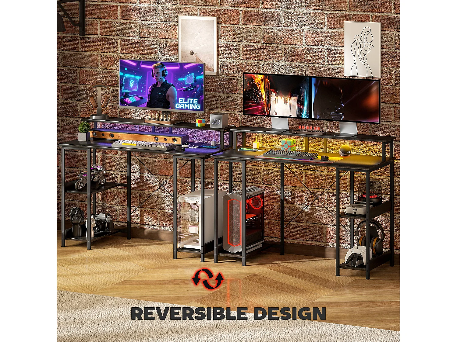 Sona 120cm Carbon Fibre Grey Gaming Desk with LED Lighting Power Outlets and Storage Shelves