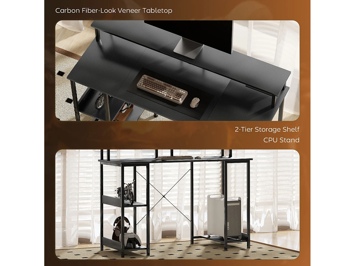 Sona 120cm Carbon Fibre Grey Gaming Desk with LED Lighting Power Outlets and Storage Shelves