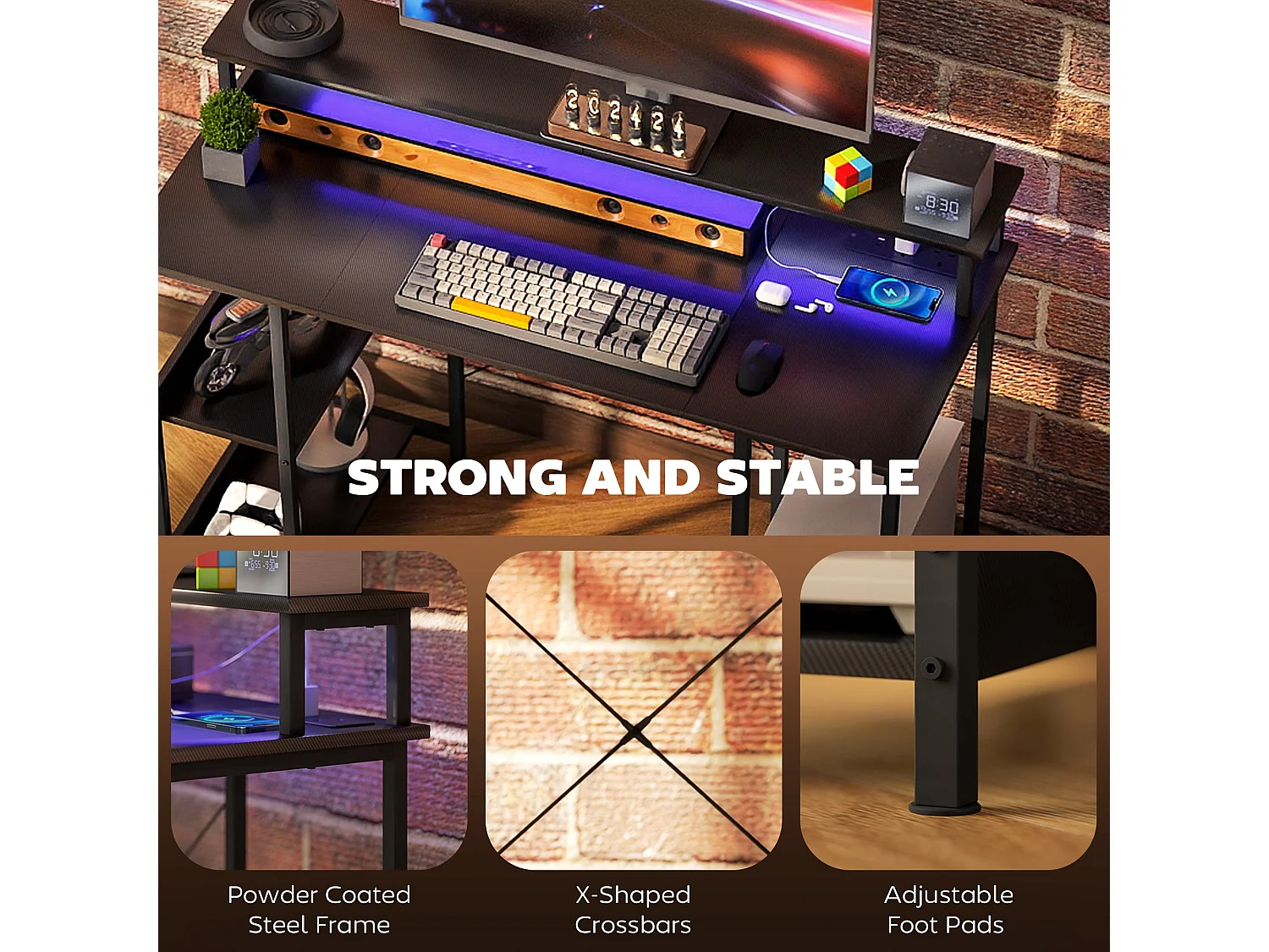 Sona 120cm Carbon Fibre Grey Gaming Desk with LED Lighting Power Outlets and Storage Shelves