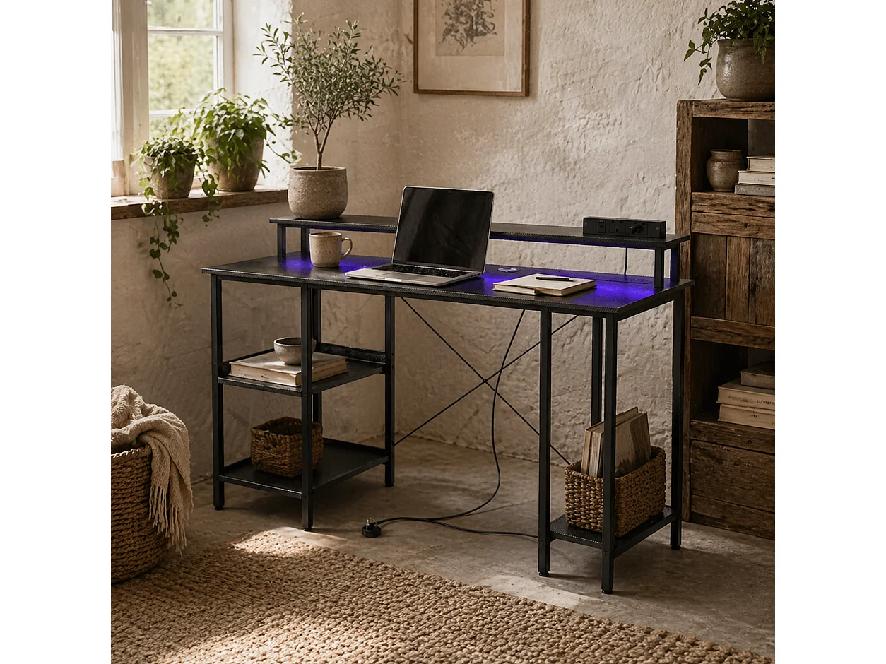 Sona 120cm Carbon Fibre Grey Gaming Desk with LED Lighting Power Outlets and Storage Shelves
