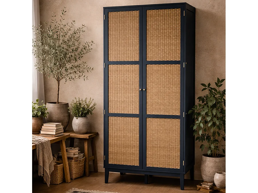 Waterford Blue Oak and Woven Rattan 2 Door Wardrobe Matt Finish