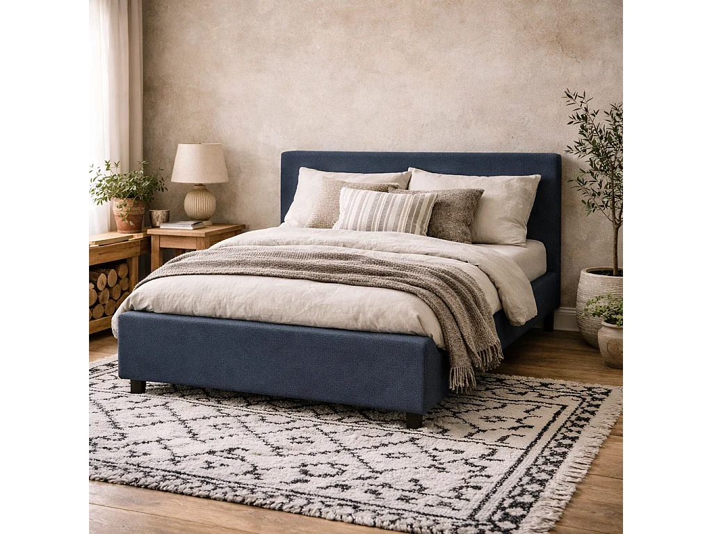 Portarlington Upholstered Navy Blue Twill Double Bed 4ft6 with Headboard