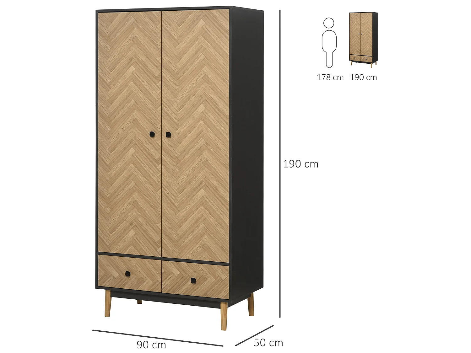 Belavyn Dark Grey Wood Grain Wardrobe 90x50x190cm with Hanging Rods Shelves and 2 Drawers