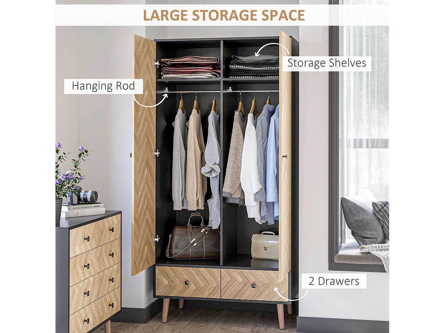 Belavyn Dark Grey Wood Grain Wardrobe 90x50x190cm with Hanging Rods Shelves and 2 Drawers